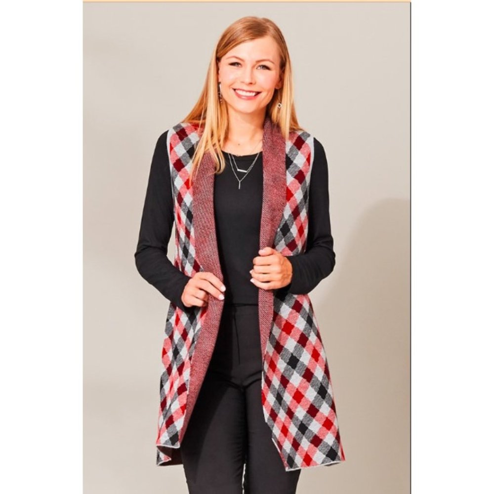 Leo & Nicole Grey and Red Plaid Open Front Vest